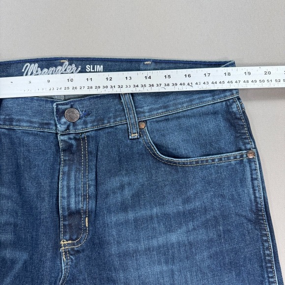 VTG Wrangler Pants Men's 35x32 Blue Dark Wash Retro Slim Bootcut Jeans Straight - Picture 5 of 8